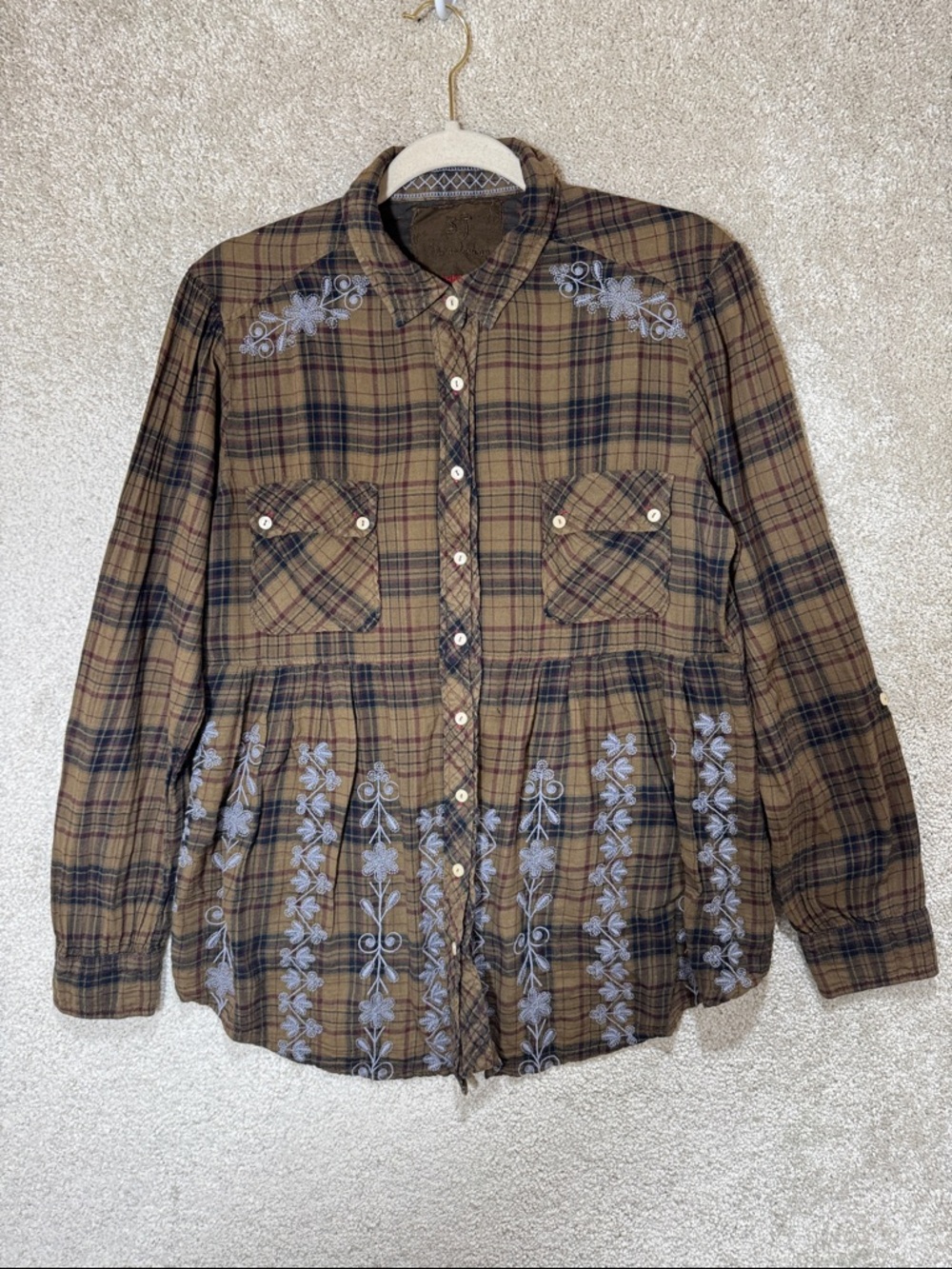 Johnny Was Size Medium Brown Plaid Button Up Shirt Floral Embroidered